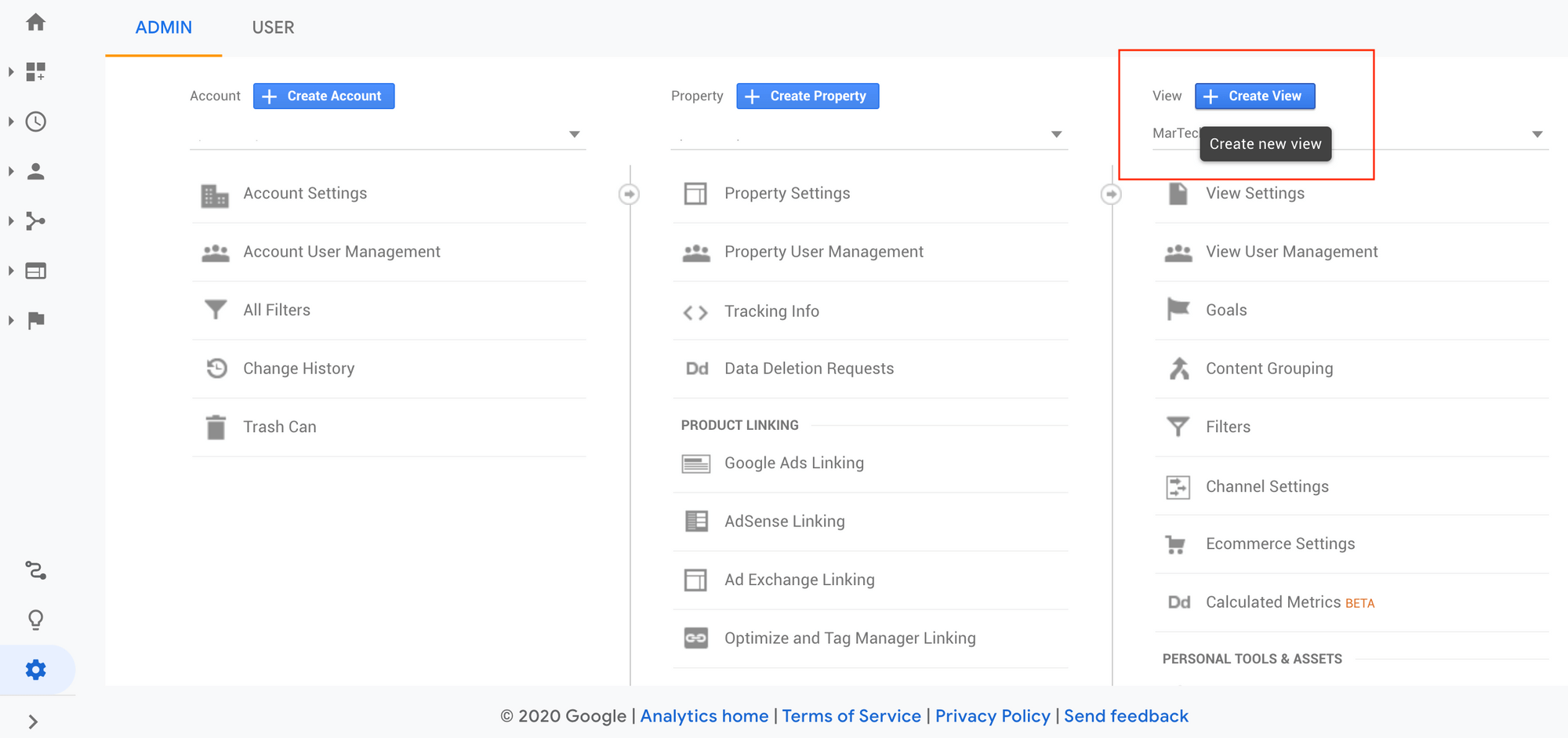 Adding a new reporting view in the GA admin panel