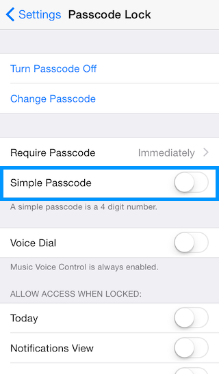 Disable simple password for increased iPhone security