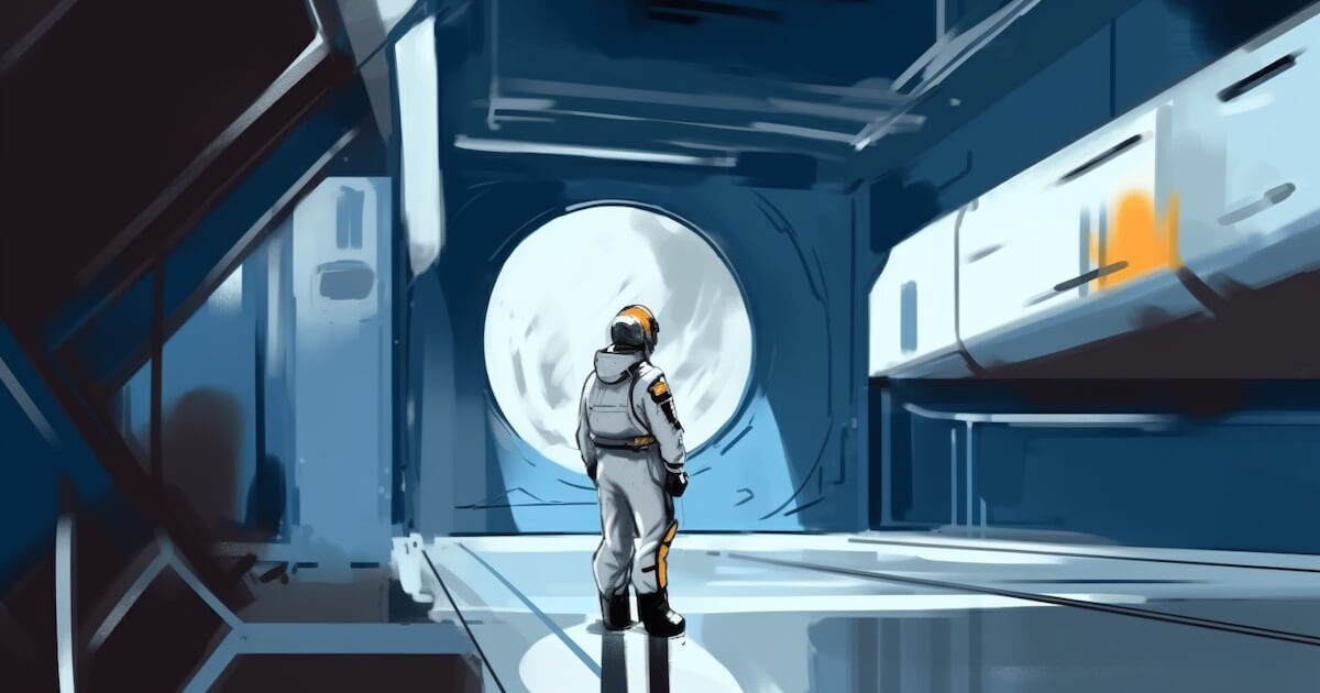 A futuristic image of a man in a spaceport created with Midjourney